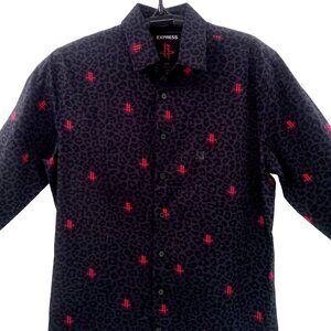 Express Mens Black Houston Rockets Slim Dress Shirt Size M 15" 15.5" Leopard